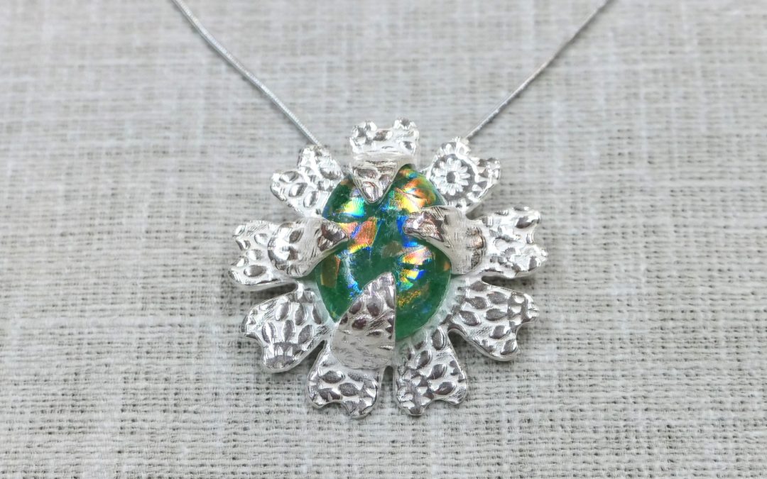 Oval Silver Flower Dichroic Glass Pendant