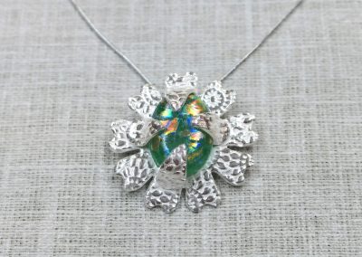 Oval Silver Flower Dichroic Glass Pendant