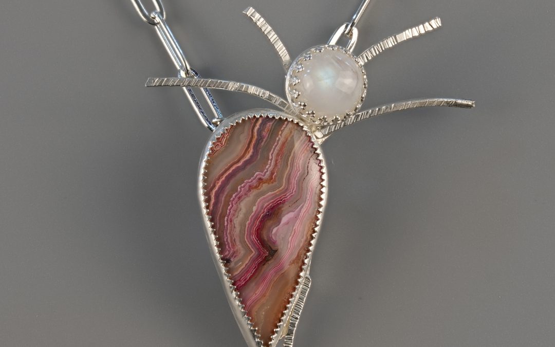 Silver Crazy Lace  Pendant with Rainbow Moon Stone